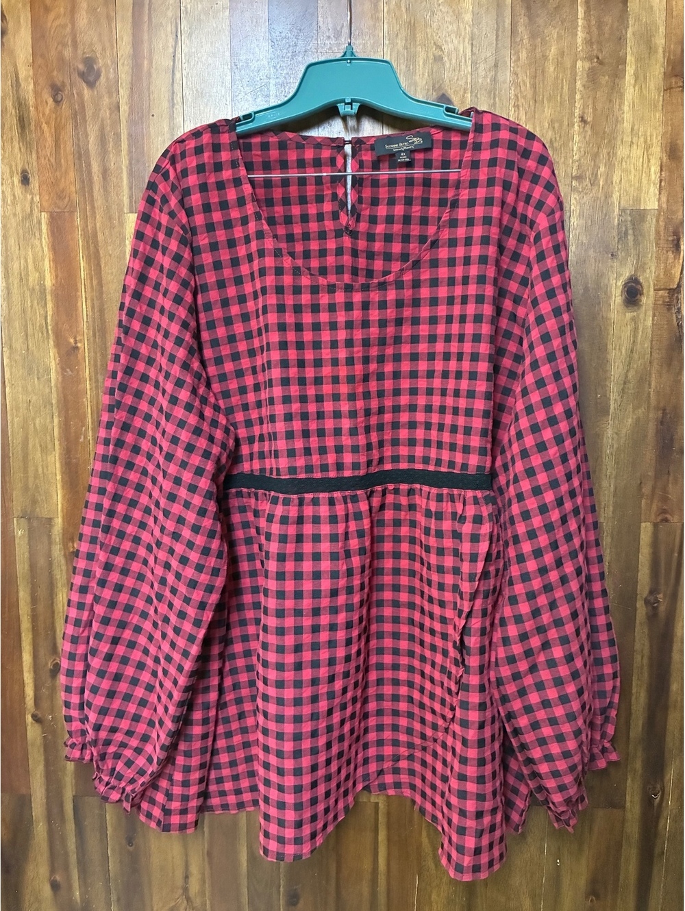 Suzanne Betro 4X Red Black Gingham Babydoll Tunic Top Cottagecore Puff Sleeve